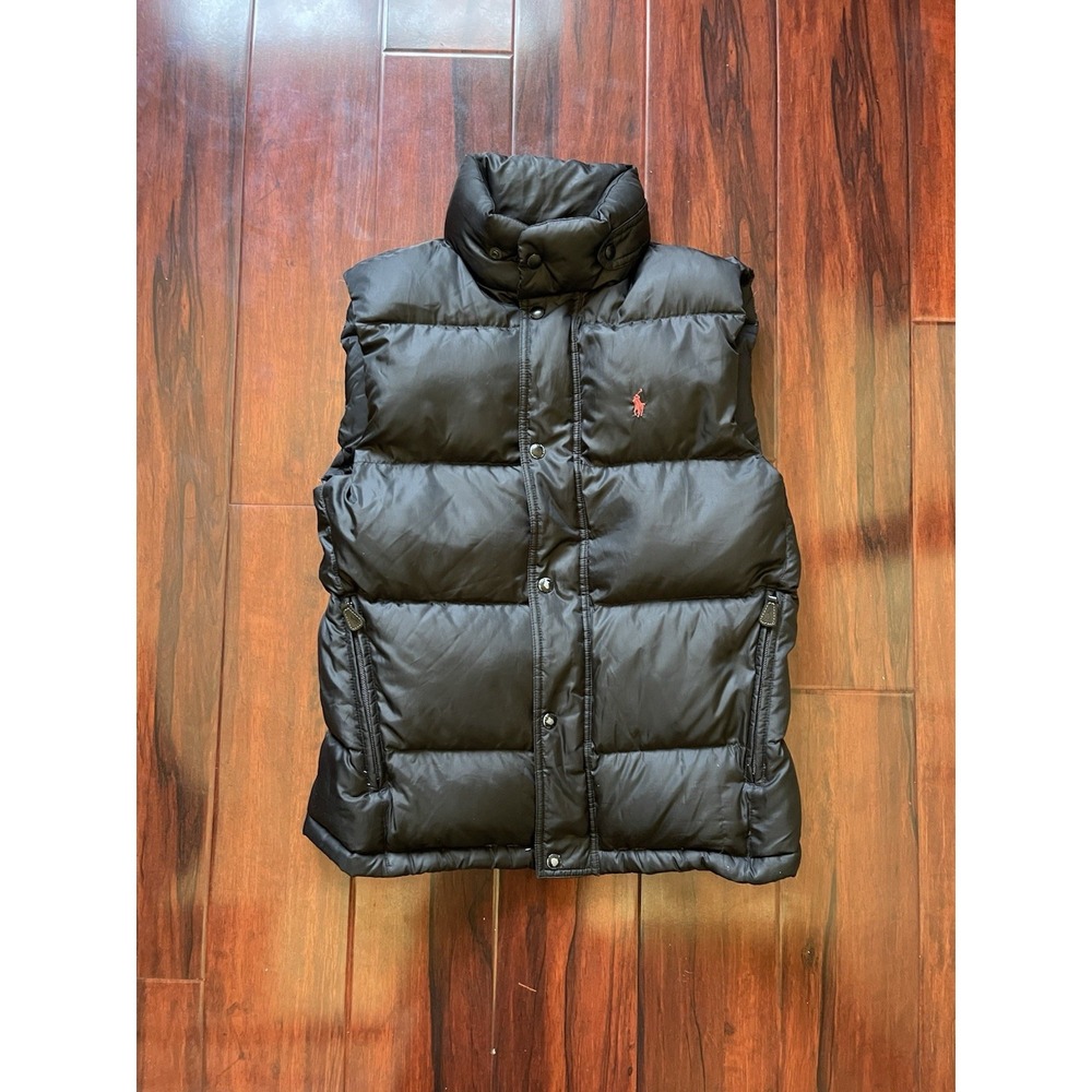 Polo Ralph Lauren Black Down Puffer Vest Red Horse Vtg Men's Size Small Preowned